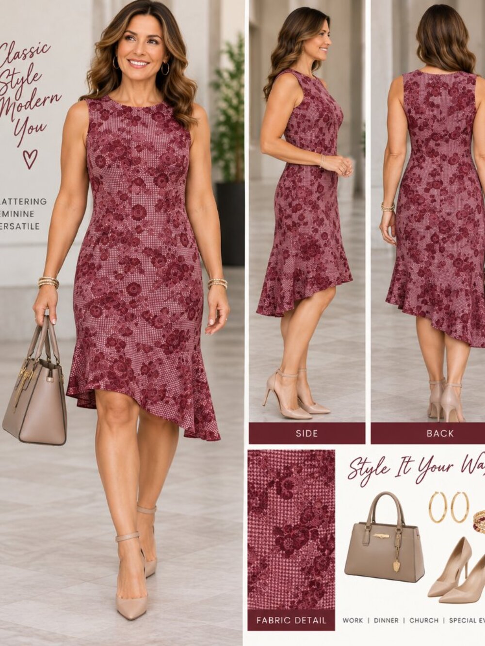 NWOT IC Collection Asymmetrical Burgundy Floral Dress โ Size L